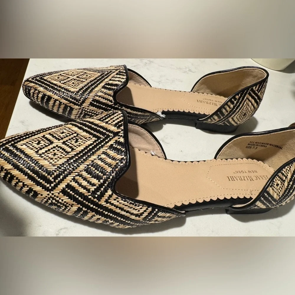 Isaac Mizrahi New York Woven D’Orsay Flats Size 7.5 Neutral Black Tan - Picture 2 of 10